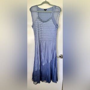 Komarov Slate Blue Smocked Midi Dress with Sheer Cap Sleeves and Textured Bodice